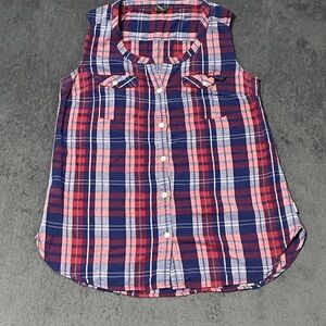 Eddie Bauer Shirt Womens S Blue Red Plaid Cotton Blend Sleeveless Button Front